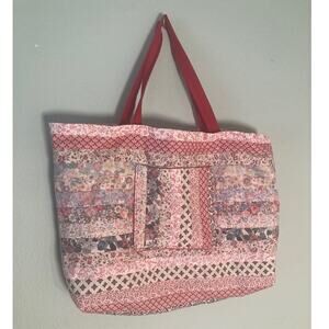 Handmade Vintage Quilted Patchwork Tote Bag Pink & Red Reversible Cottagecore
